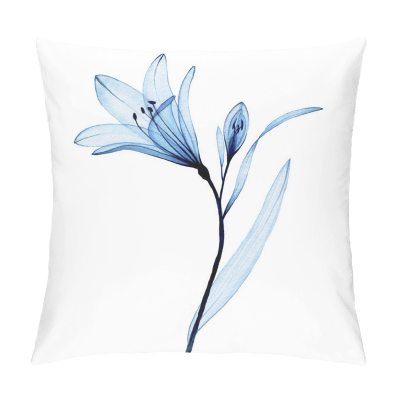 Personality  Watercolor Drawing. Transparent Blue Flower Alstroemeria, Lily. Airy Transparent Flower, X-ray. Pillow Covers