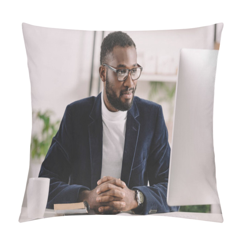 Personality  Successful African American Businessman Working With Computer In Modern Office Pillow Covers