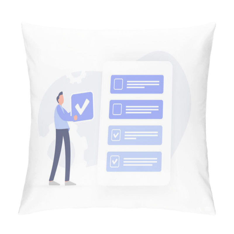 Personality  To-do List App Concept Features Task Management And Reminders, With Check Mark List. Person Holding Check Mark, Symbolizing Completion Of Task Or Solution To Problem. Flat Design Vector Illustration. Pillow Covers