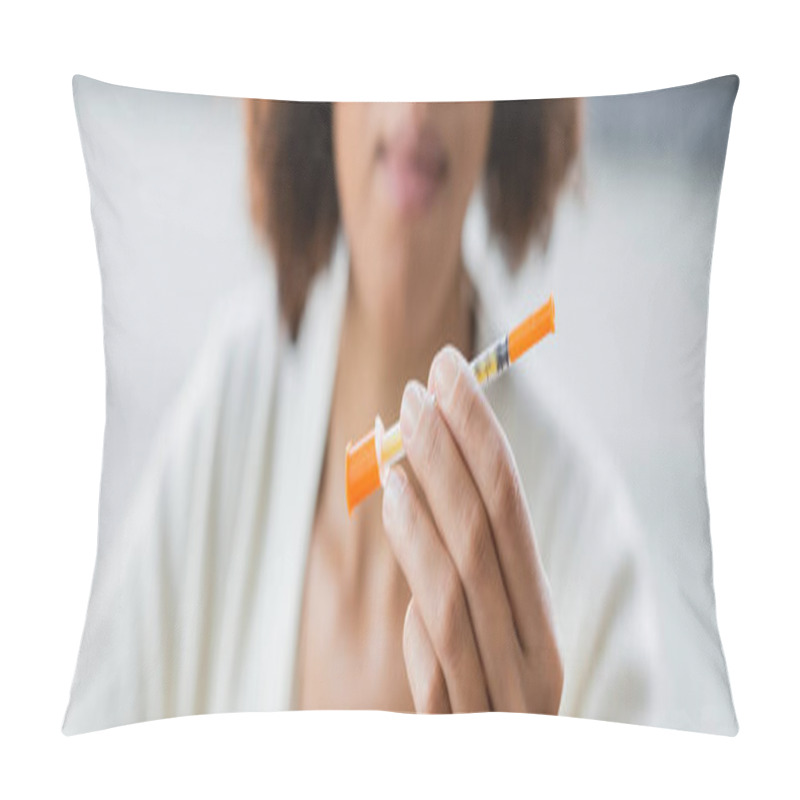 Personality  Cropped View Of Blurred African American Businesswoman With Diabetes Holding Syringe In Office, Banner  Pillow Covers