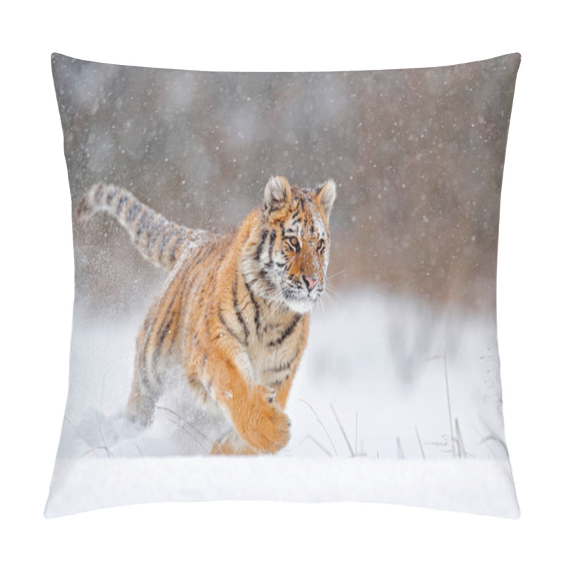 Personality  Wildlife Russia. Tiger, Cold Winter In Taiga, Russia. Snow Flakes With Wild Amur Cat.  Tiger Snow Run In Wild Winter Nature. Siberian Tiger, Action Wildlife Scene With Dangerous Animal.  Pillow Covers