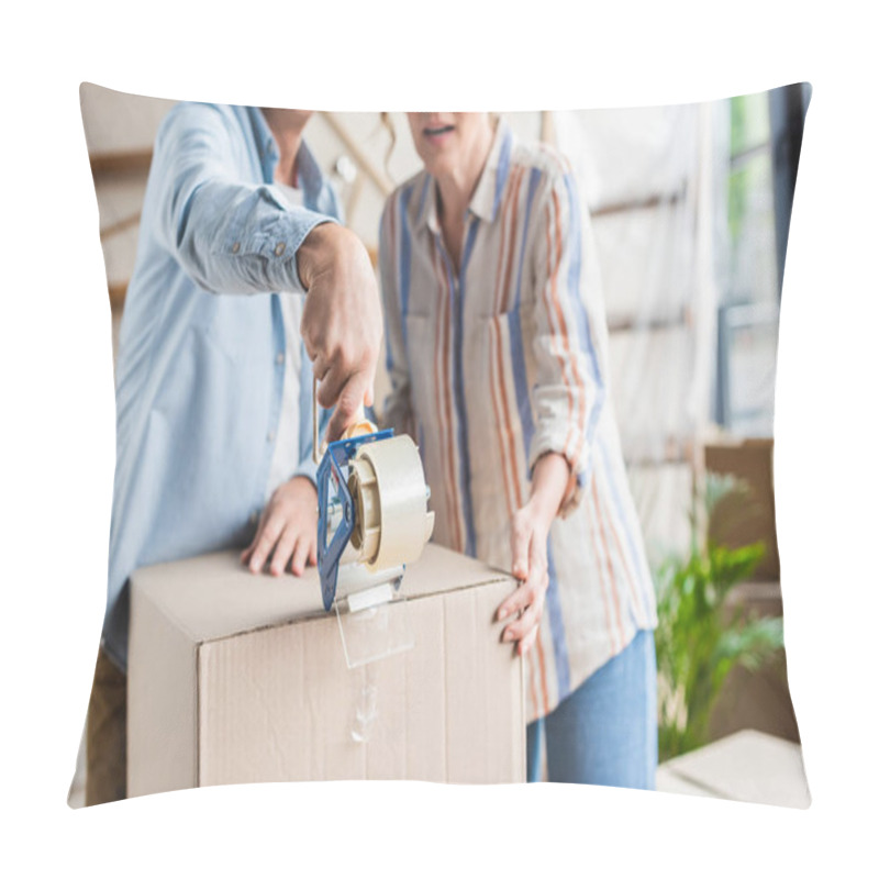 Personality  Cropped Shot Of Senior Couple Packing Cardboard Box During Relocation Pillow Covers