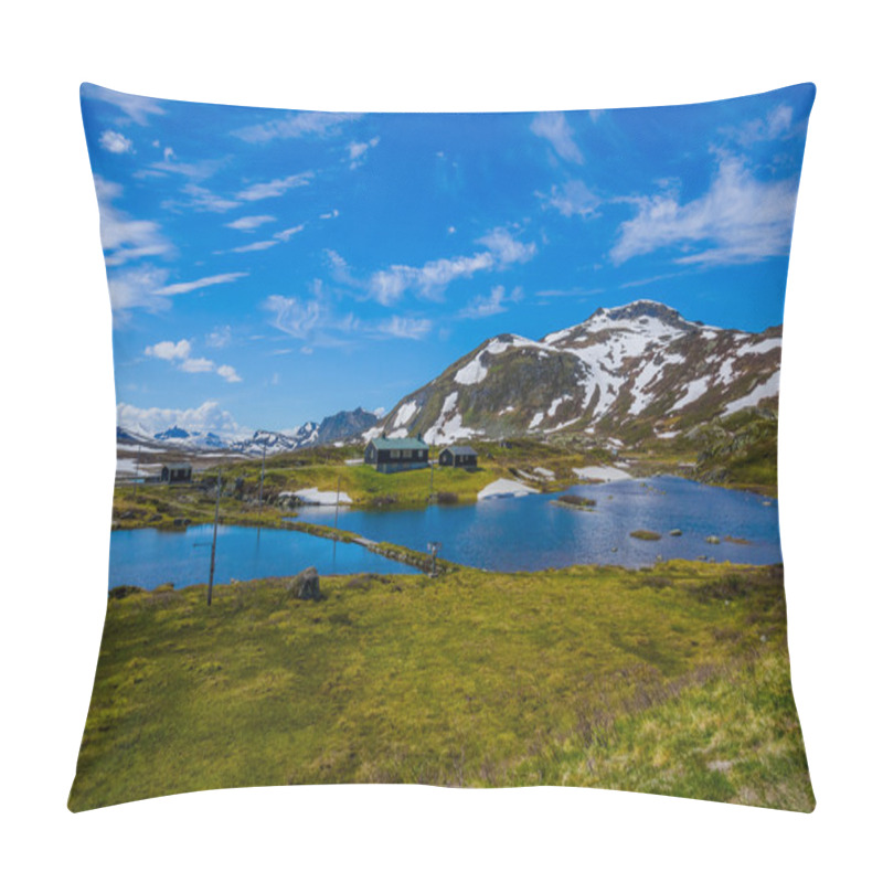 Personality  VALDRES, NORWAY - 6 JULY, 2015: Stunning Nature On Valdresflya, Green Covered Landscape Stretches Far As Eye Can See With Spots Of Snow And Lakes Under Beautiful Blue Sky Pillow Covers