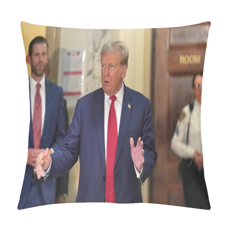 Personality  October 4, 2023, New York, USA: Donald Trumps 3rd Day Appearance For Court Fraud Trial In New York. The Former US President, Donald Trump Arrives At The Court On Day Three, For Fraud Trial In Manhattan Amid Tight Security And Busy Day In Manhattan.  Pillow Covers