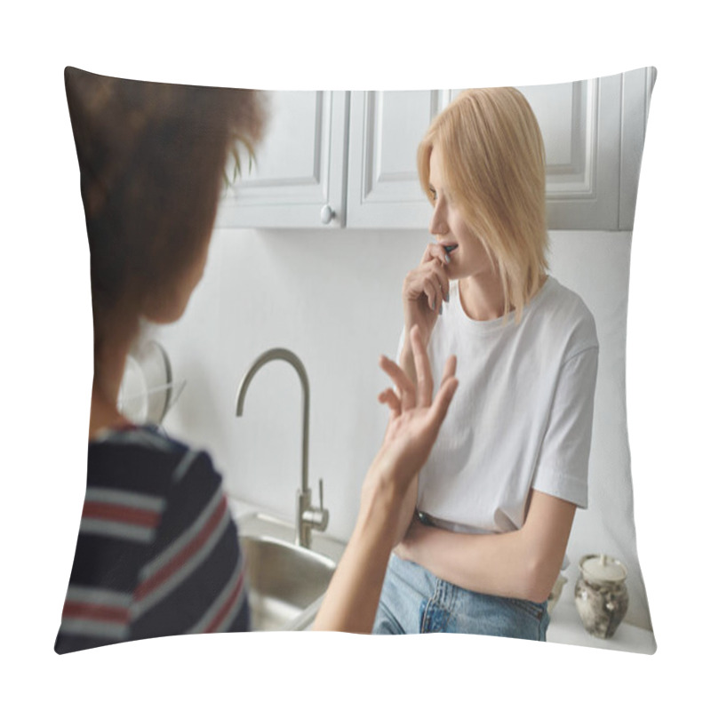 Personality  A Lesbian Couple Argues In The Kitchen, Their Faces Showing Displeasure And Frustration. Pillow Covers