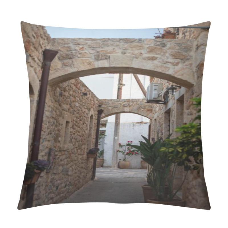 Personality  Narrow Greek Streets In Hersonissos, Crete, Greece, Lined With Charming Whitewashed Buildings, Colorful Flowers, And Vibrant Local Shops, Exuding Charm. Pillow Covers