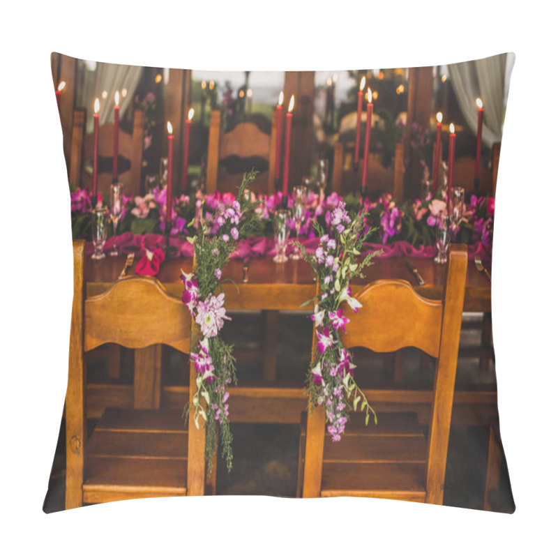 Personality  Wooden Wedding Table Decorated With Red Candles, Pink Cloth And Purple Orchids. Romantic Family Dinner In Evening Pillow Covers