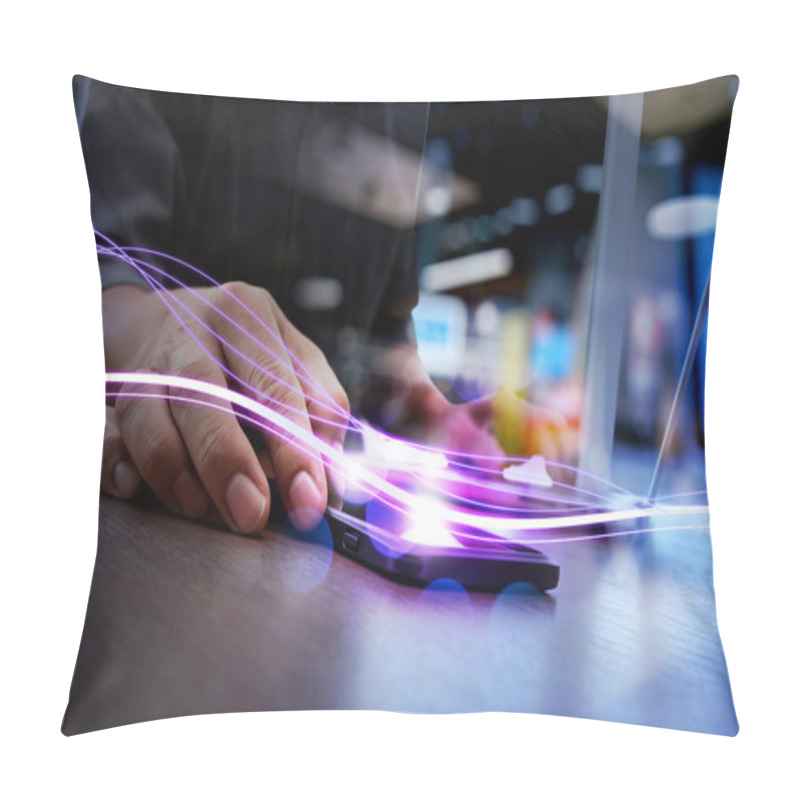 Personality  Waves Of Blue Light And Businessman Using On Smartphone As Conce Pillow Covers