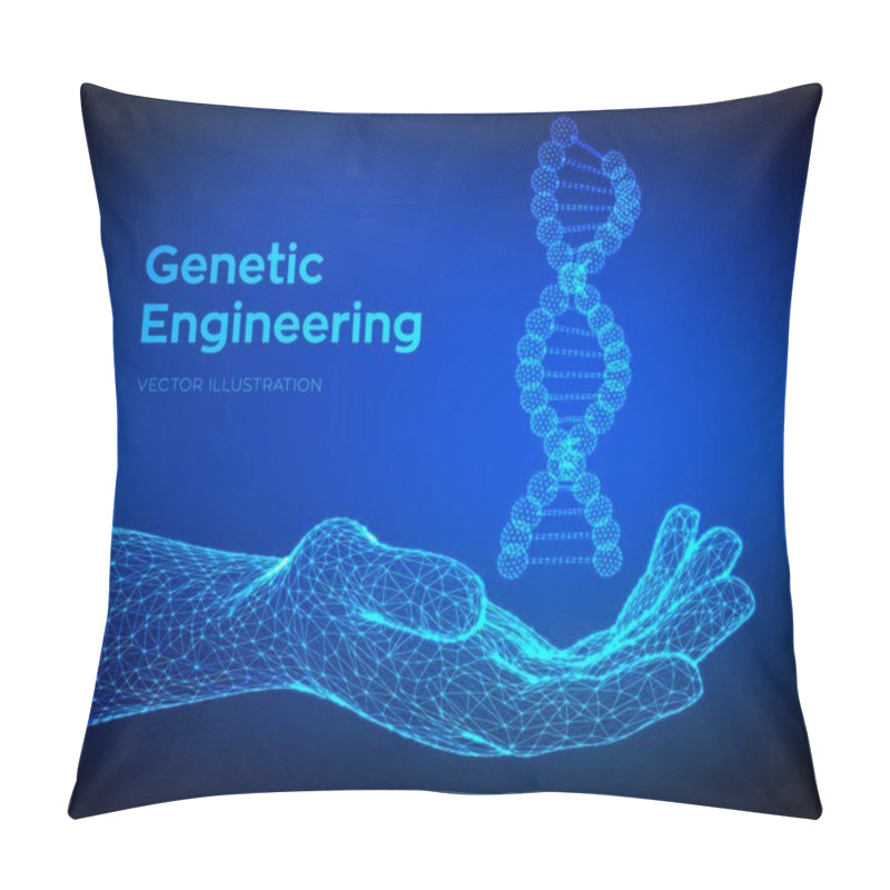 Personality  DNA Sequence In Hand. Wireframe DNA Molecules Structure Mesh. DNA Code Editable Template. Science And Technology Concept. Vector Illustration. Pillow Covers