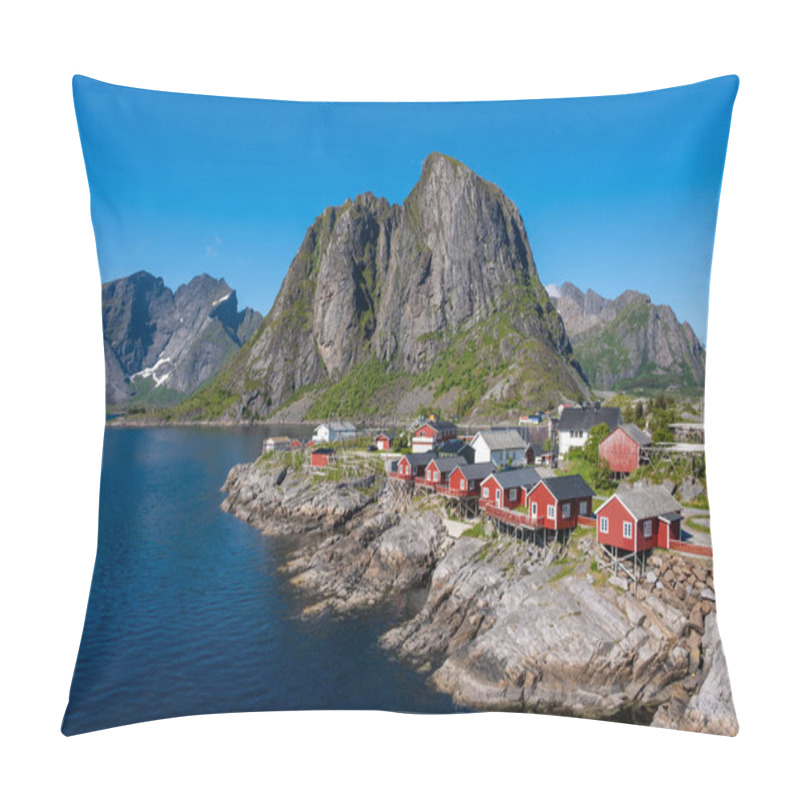 Personality  Charming Red Cabins Dot The Rocky Coastline, Surrounded By Majestic Mountains And A Serene Fjord Under A Clear Blue Sky. Hamnoy Fishing Village Lofoten, Norway Pillow Covers