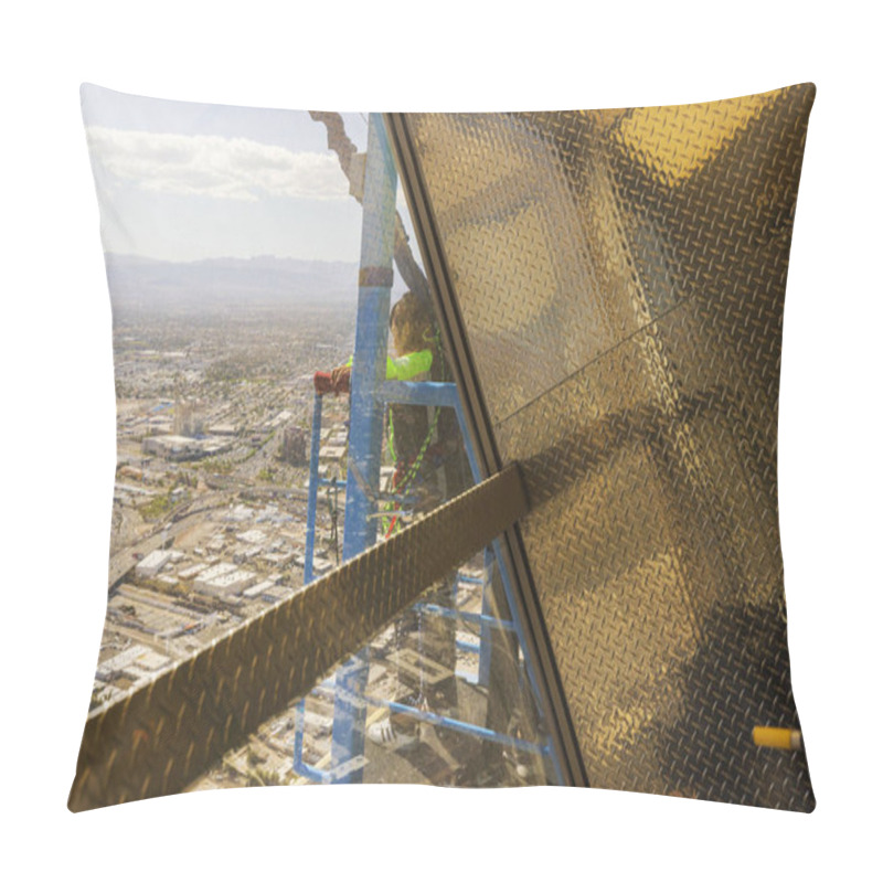 Personality  Girl Standing On Outdoor Platform Of Sky Jump At The Strat In Las Vegas, Preparing For High-altitude Jump Over The Cityscape. Las Vegas. USA.  Pillow Covers