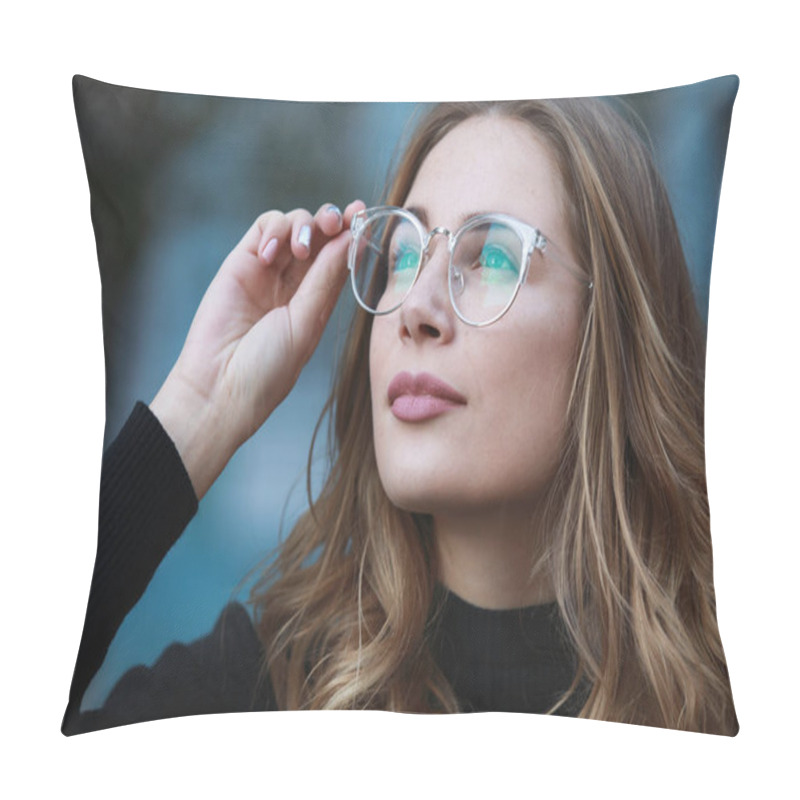 Personality  Myopia, Close-up Portrait Of Young Woman Student In Eyeglasses For Good Vision Looking Up, Blue Building Background Pillow Covers