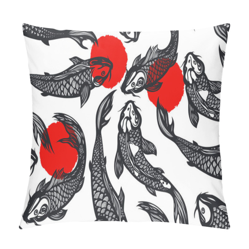 Personality  Seamless Pattern With Koi Carp Fish, Spots. Pond. Background In The Chinese Style. Hand Drawn. Pillow Covers