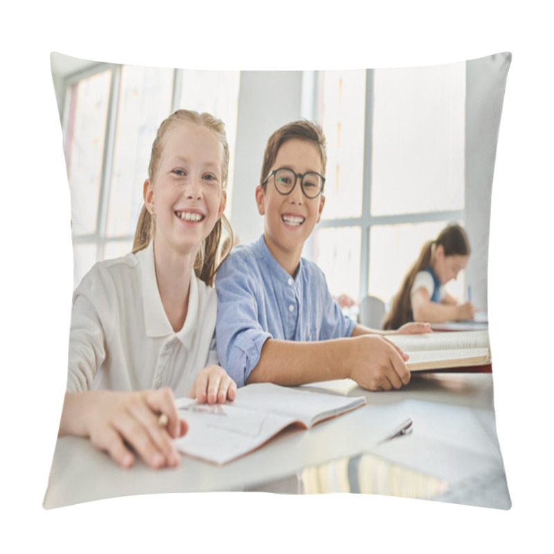 Personality  Two Children, Engrossed In Their Books, Sit At A Table In A Vibrant Classroom Pillow Covers