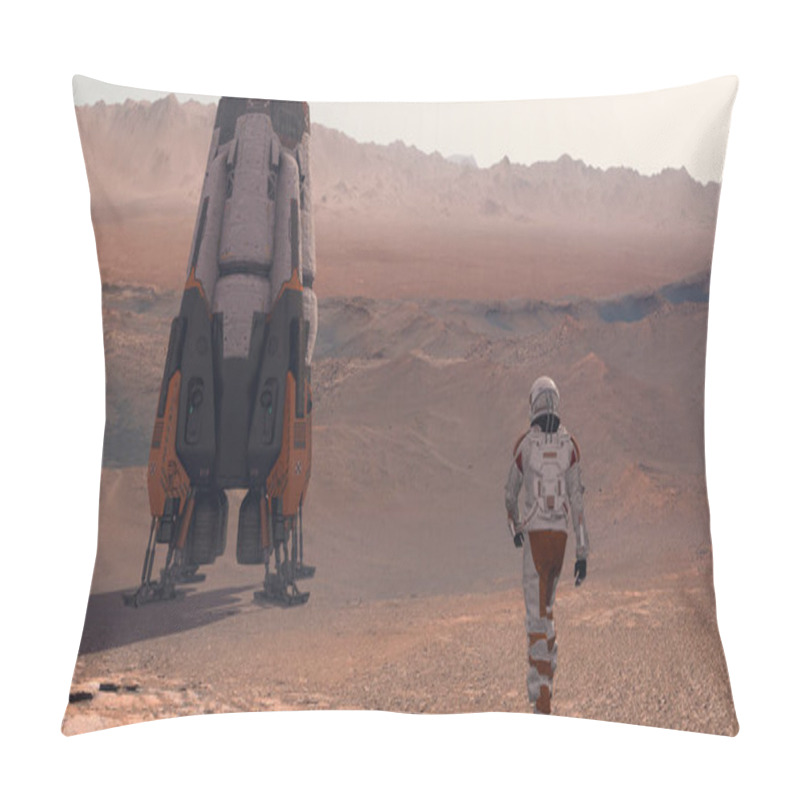 Personality  Astronaut Wearing Space Suit Walking On The Surface Of Mars. Exploring Mission To Mars. Futuristic Colonization And Space Exploration Concept. 3d Rendering Pillow Covers