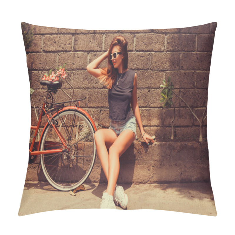 Personality  Girl  Posing With Red Bicycle Pillow Covers