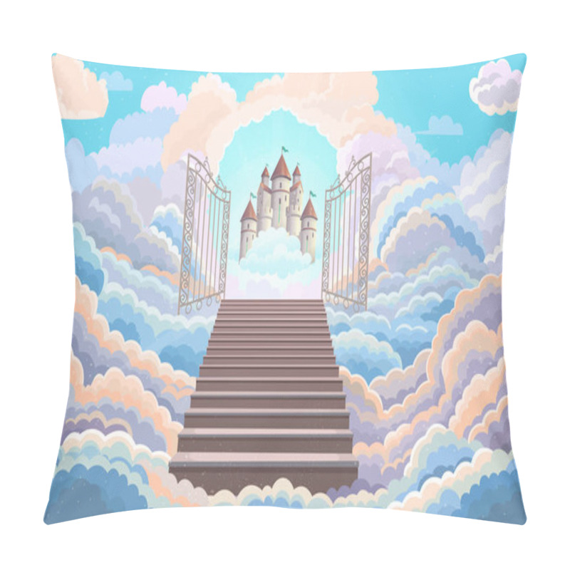 Personality  Entrance To Paradise, Open Gate With A Magic Castle. Castle In The Clouds.Staircase Leading To To The Wrought Iron Gates.background With Fluffy Clouds. Stairs Up. Vector Cartoon Illustration. Pillow Covers