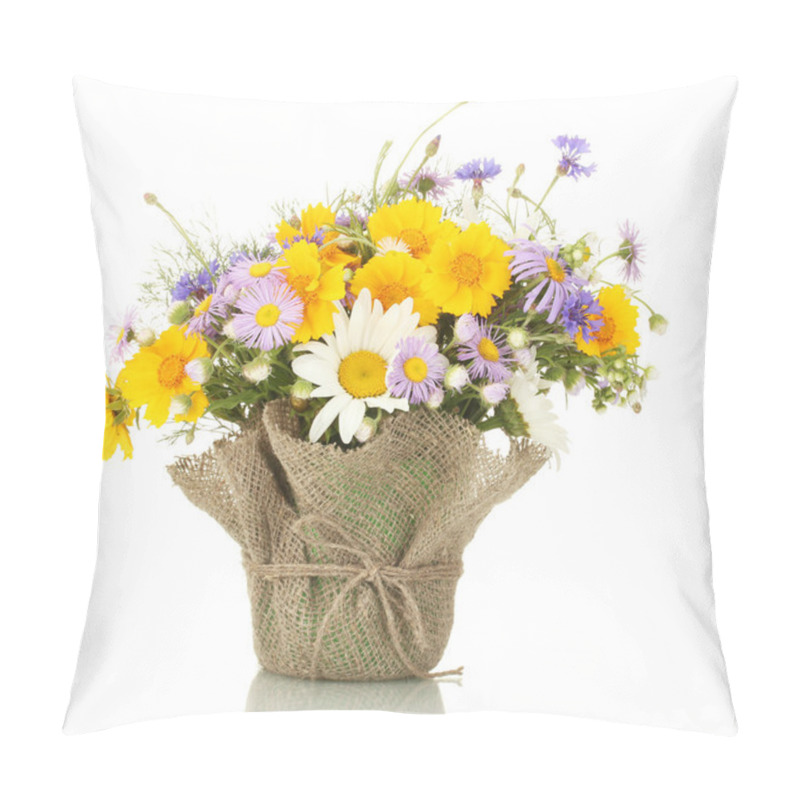 Personality  Beautiful Bouquet Of Bright Wildflowers In Flowerpot, Isolated On White Pillow Covers