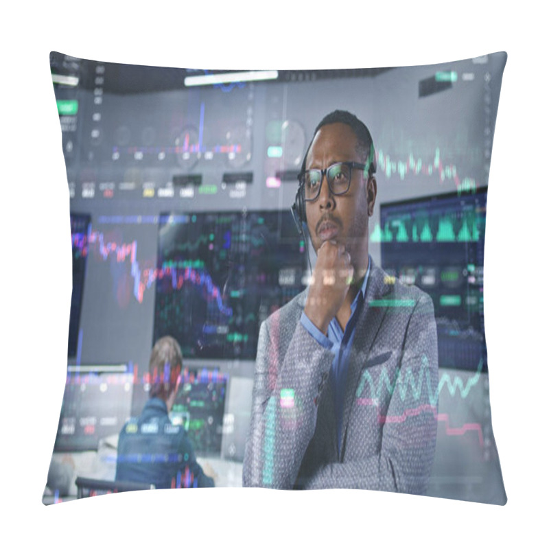 Personality  African American Trader, Businessman Works In Modern Broker Agency Office. 3D Real-time Stocks And Cryptocurrency Charts On Glass Wall. VFX Animation. Computers And Big Digital Screens On Background. Pillow Covers