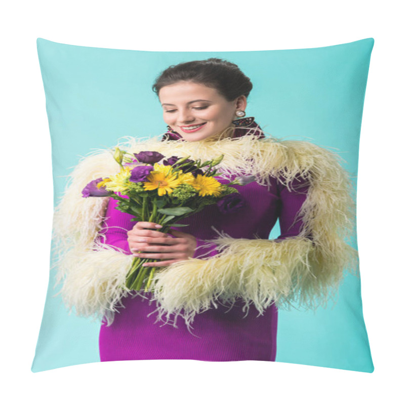 Personality  Smiling Party Girl In Purple Dress With Feathers Holding Bouquet Of Flowers Isolated On Turquoise  Pillow Covers