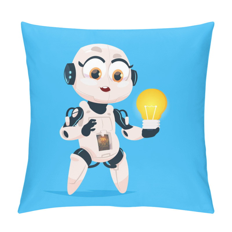 Personality  Cute Robot Hold Light Bulb Robotic Girl Isolated Icon On Blue Background Modern Technology Artificial Intelligence Concept Pillow Covers