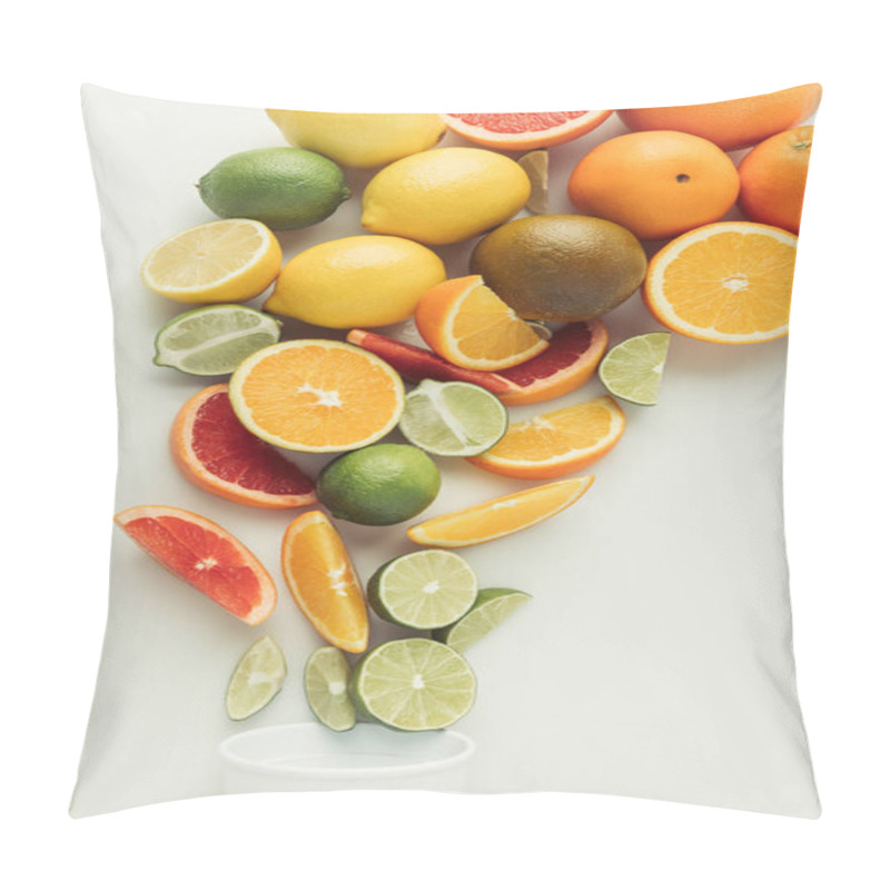 Personality  Ripe Citrus Fruits And Plastic Cup Isolated On White Background Pillow Covers