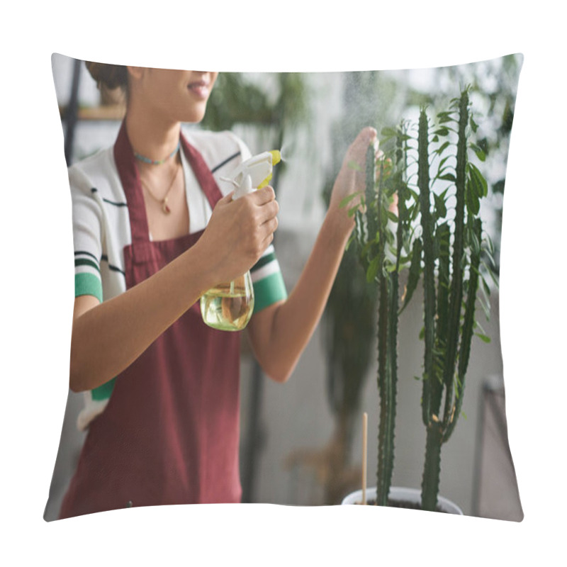 Personality  A Young Asian Woman In A Red Apron Gently Waters A Plant At Her Plant Shop. Pillow Covers