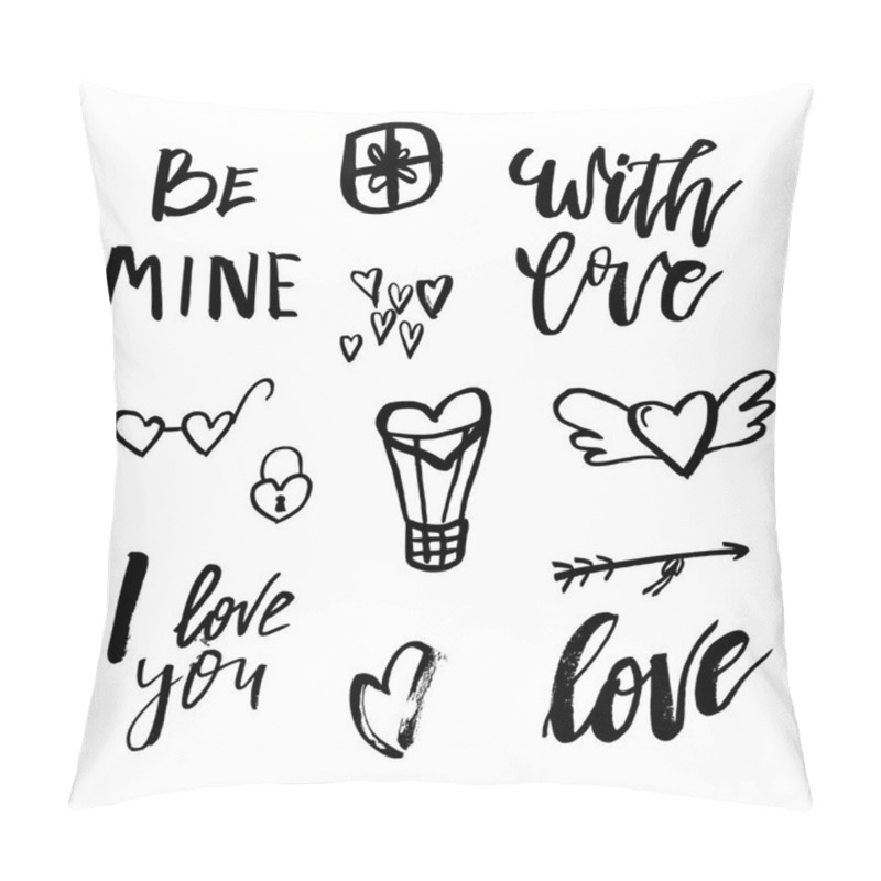 Personality  Happy Valentines Day Icons With Calligraphy On White. Template F Pillow Covers