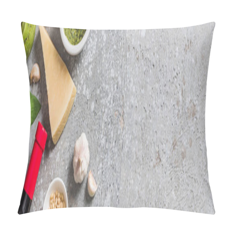 Personality  Top View Of Parmesan, Pine Nuts, Garlic, Pesto Sauce And Bottle Of Red Wine On Grey Surface, Panoramic Shot Pillow Covers