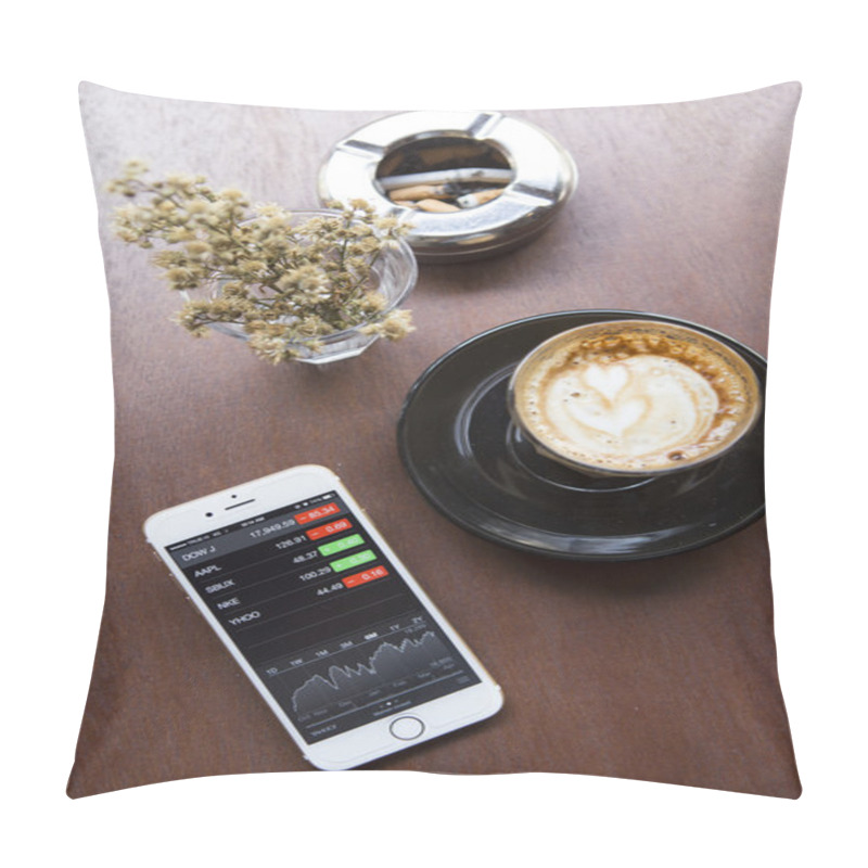 Personality  CHIANG MAI, THAILAND - APRIL 22, 2015: IPhone 6 With Application Stocks Of Apple On The Screen In Coffee Shop Cafe. IPhone 6 Was Created And Developed By The Apple Inc. Pillow Covers