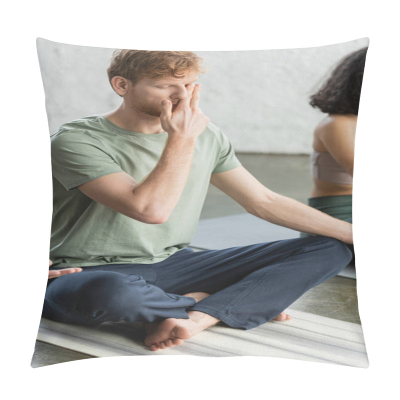 Personality  Young Redhead Man Practicing Nostril Breathing In Yoga Studio  Pillow Covers