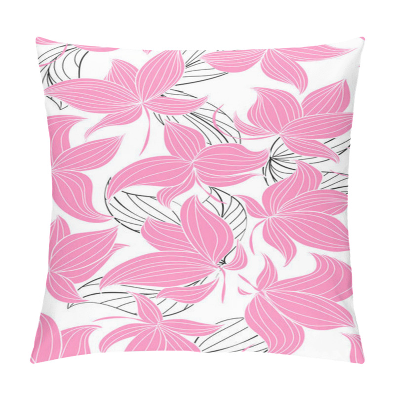 Personality  Floral Vector Seamless Pattern With Hand Drawn Pink Flowers On Black And White Leaves - Moire Outline Illustration Pillow Covers