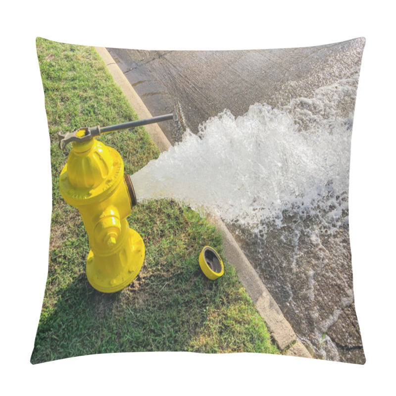 Personality  Top View Yellow Fire Hydrant Gushing Water Across A Residential Street Near Dallas, Texas, USA Pillow Covers