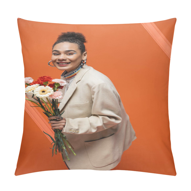 Personality  Cheerful Trendy Fashion Model In Chic Outfit With Sleek Bun Grasping Orange Framework And Flowers Pillow Covers