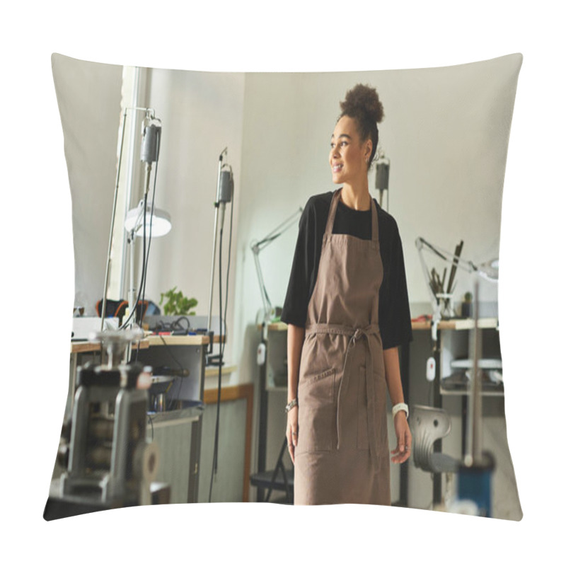 Personality  A Talented Woman Stands Confidently In A Well Equipped Workshop, Surrounded By Tools. Pillow Covers