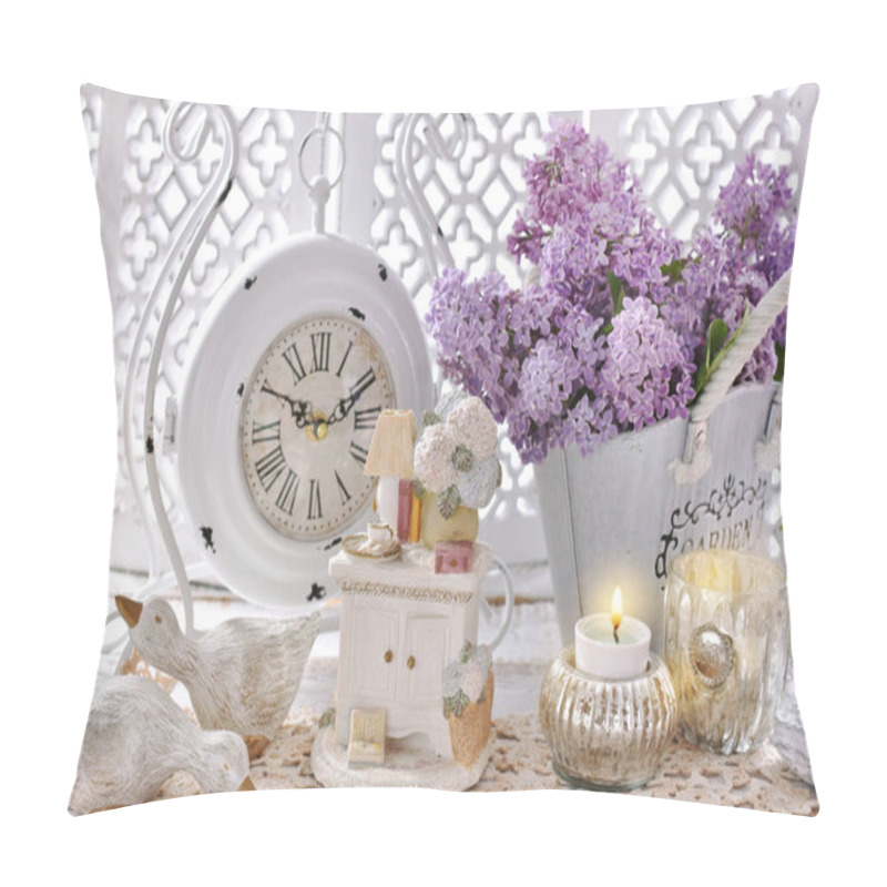 Personality  Vintage Style Home Decoration With Bunch Of Purple Lilac Blossoms And Old Clock Standing On The Chest Of Drawers Pillow Covers