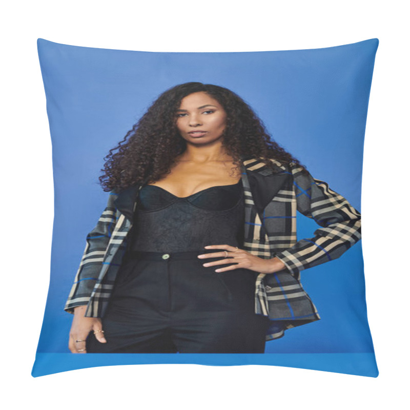 Personality  Woman Confidently Poses In A Chic Outfit That Showcases Her Bold Style. Pillow Covers