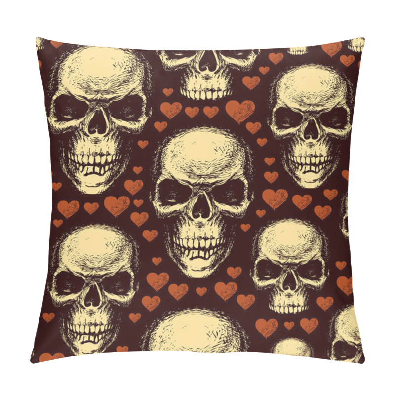 Personality  Seamless Pattern With Human Skulls In Love And Cute Red Hearts On Black Backdrop. Vector Background With Hand-drawn Skulls In Retro Style. Graphic Print For Clothing, Fabric, Wallpaper, Wrapping Paper Pillow Covers