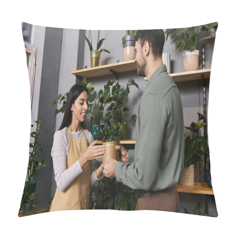 Personality  A Talented Florist Engages With A Customer, Showcasing Plants In A Cozy Flower Shop. Pillow Covers