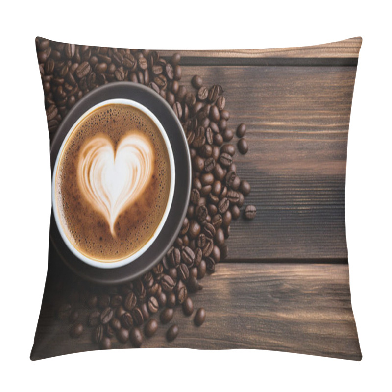 Personality  Cup Of Coffee Latte With Heart Shape And Coffee Beans On Old Wooden Background. High Quality Photo Pillow Covers