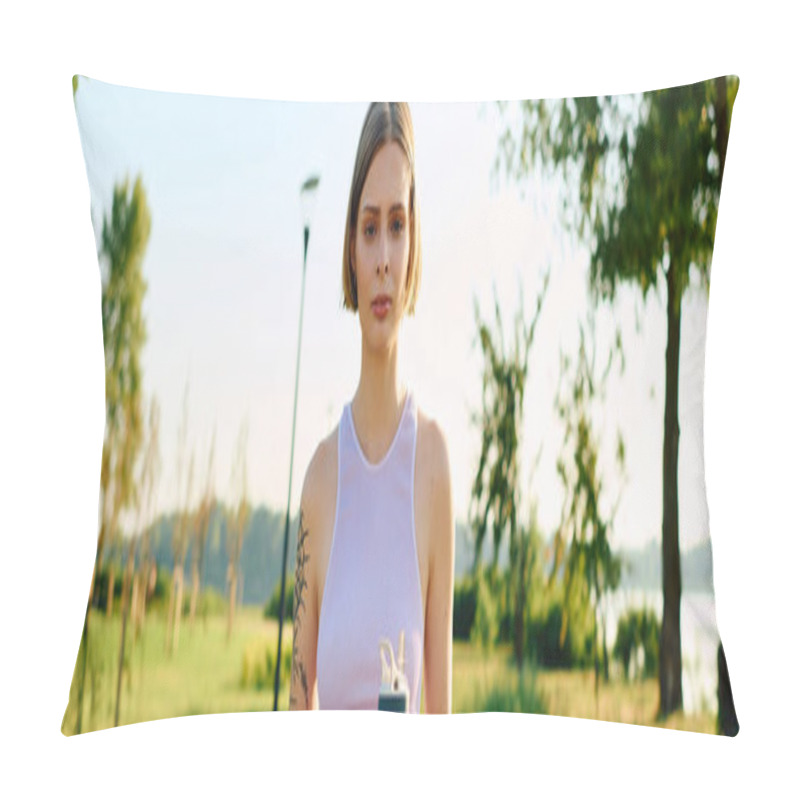 Personality  A Young Woman Stands Gracefully In A Sunlit Park, Embracing Nature's Tranquility. Pillow Covers