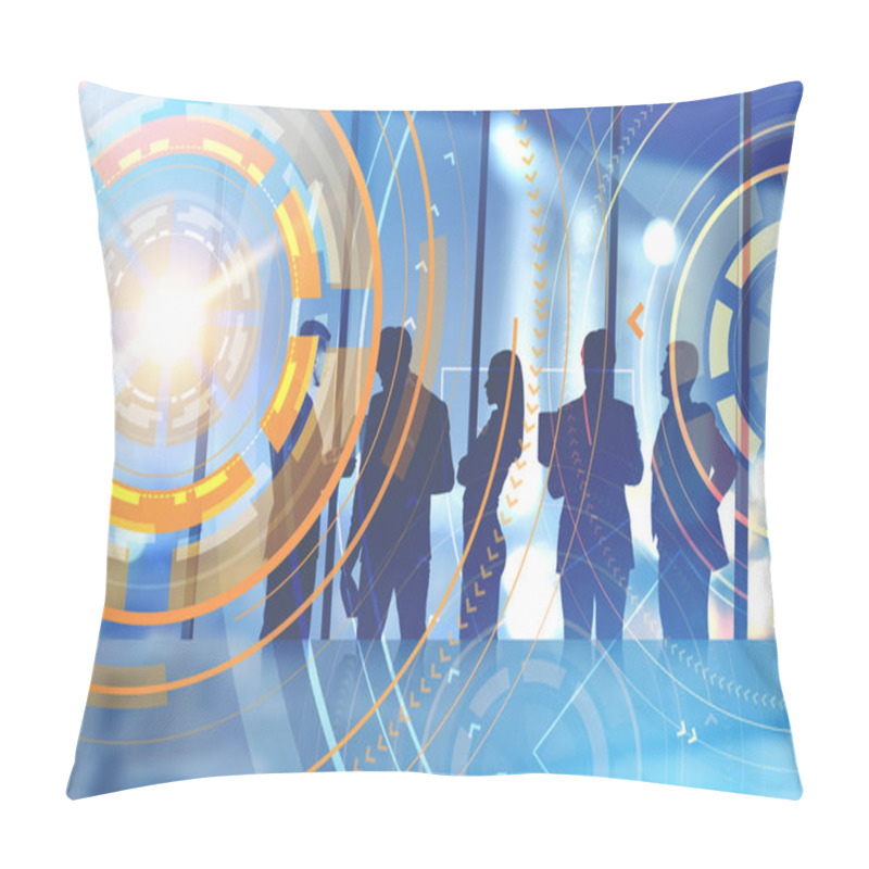 Personality  Business Team Members Discussing Strategy In Night Office Over Glowing Orange Graphical User Interface. Toned Image Double Exposure Mock Up Pillow Covers