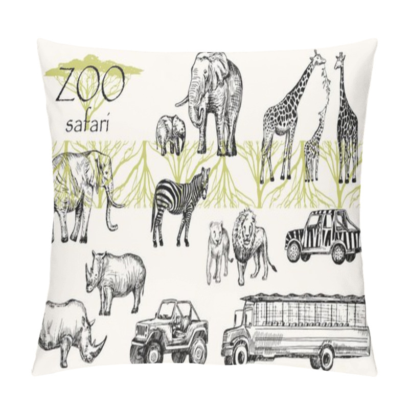 Personality  Vector Hand Drawn Sketched Animal Set. Zoo Safari: Elephant, Zebra, Lion, Rhino, Giraffe And Safari Bus, Safari Jeep. Pillow Covers