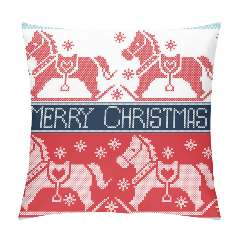 Personality  Light And Dark Blue , Red Merry Christmas Scandinavian Seamless Nordic Pattern With  Rocking Dala Pony Horses, Stars, Snowflakes In Cross Stitch Knitting Pillow Covers