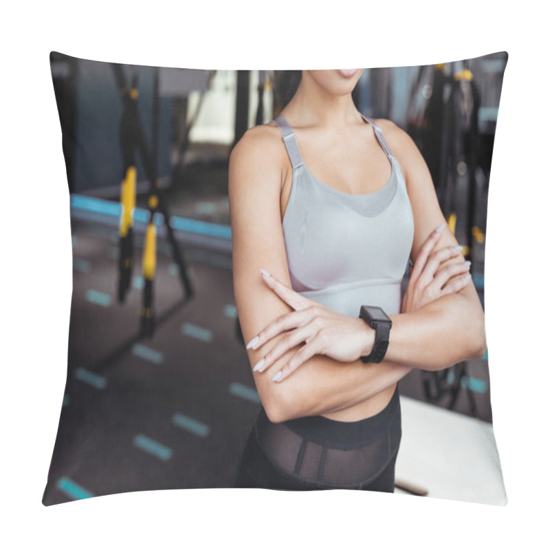 Personality  Partial View Of Sportive Girl With Crossed Arns Standing In Fitness Gym  Pillow Covers