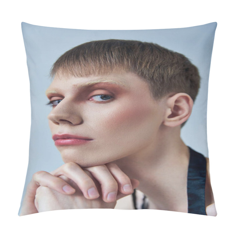 Personality  Queer Model With Makeup Looking At Camera On Grey Backdrop, Androgynous Person, Portrait, Identity Pillow Covers