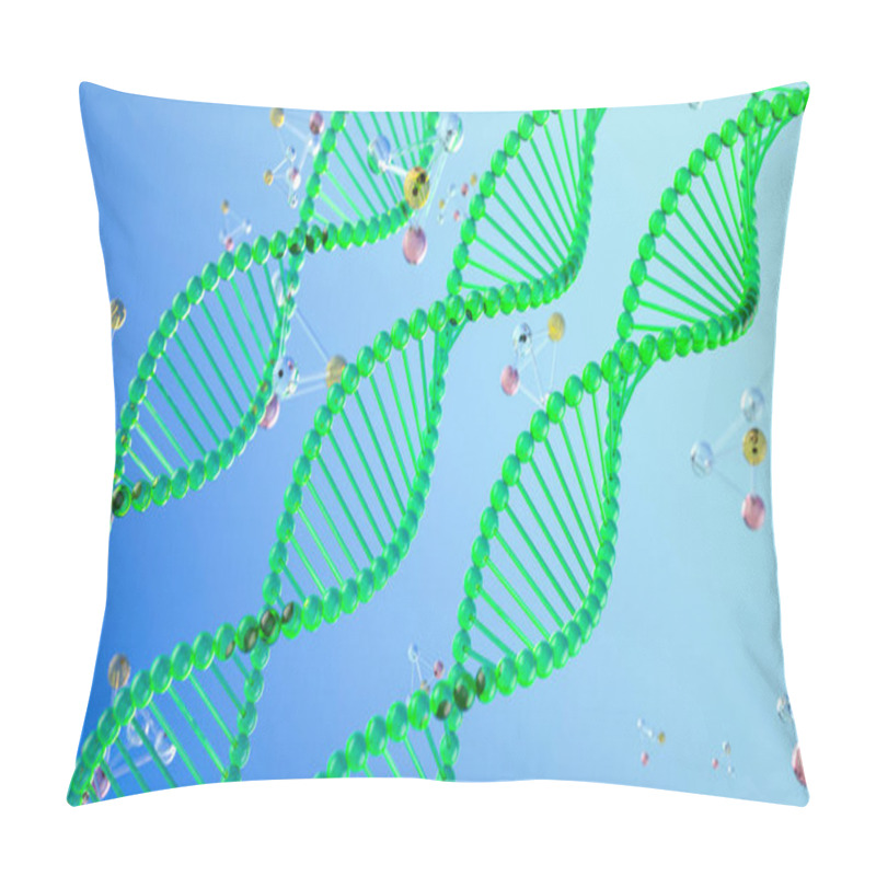 Personality  DNA Strands, Double Helix, Green, Molecular Biology, Genetic Structure, Medical Research, Genome Mapping, Chromosomes, Nucleotides, Scientific Diagram, Educational, Futuristic Science. 3D Render. Pillow Covers