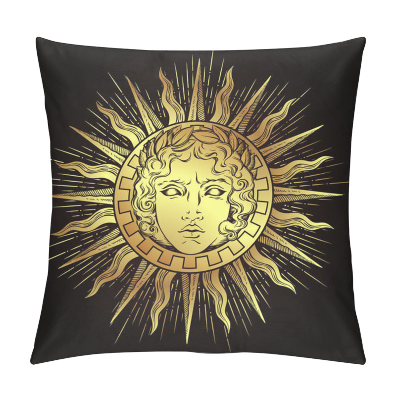 Personality  Hand Drawn Antique Style Sun With Face Of The Greek And Roman God Apollo. Flash Tattoo Or Print Design Vector Illustration Pillow Covers