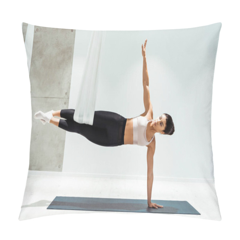 Personality  Attractive Strong Female Practicing Antigravity Yoga In Hammock In Studio Pillow Covers