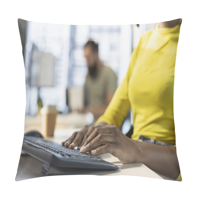 Personality  Computer Operator Sitting At Desk During Job Shift, Looking Through Online Financial Business Documents Next To Coworker In Blurry Background. Close Up Of Employee In Workspace Doing Tasks Pillow Covers